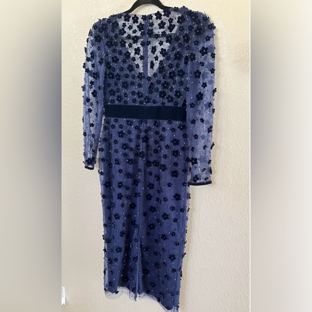 New Mac Duggal Beaded Floral Appliqué Long Sleeve Tulle Sheath Dress Midnight 8 - Picture 7 of 9
